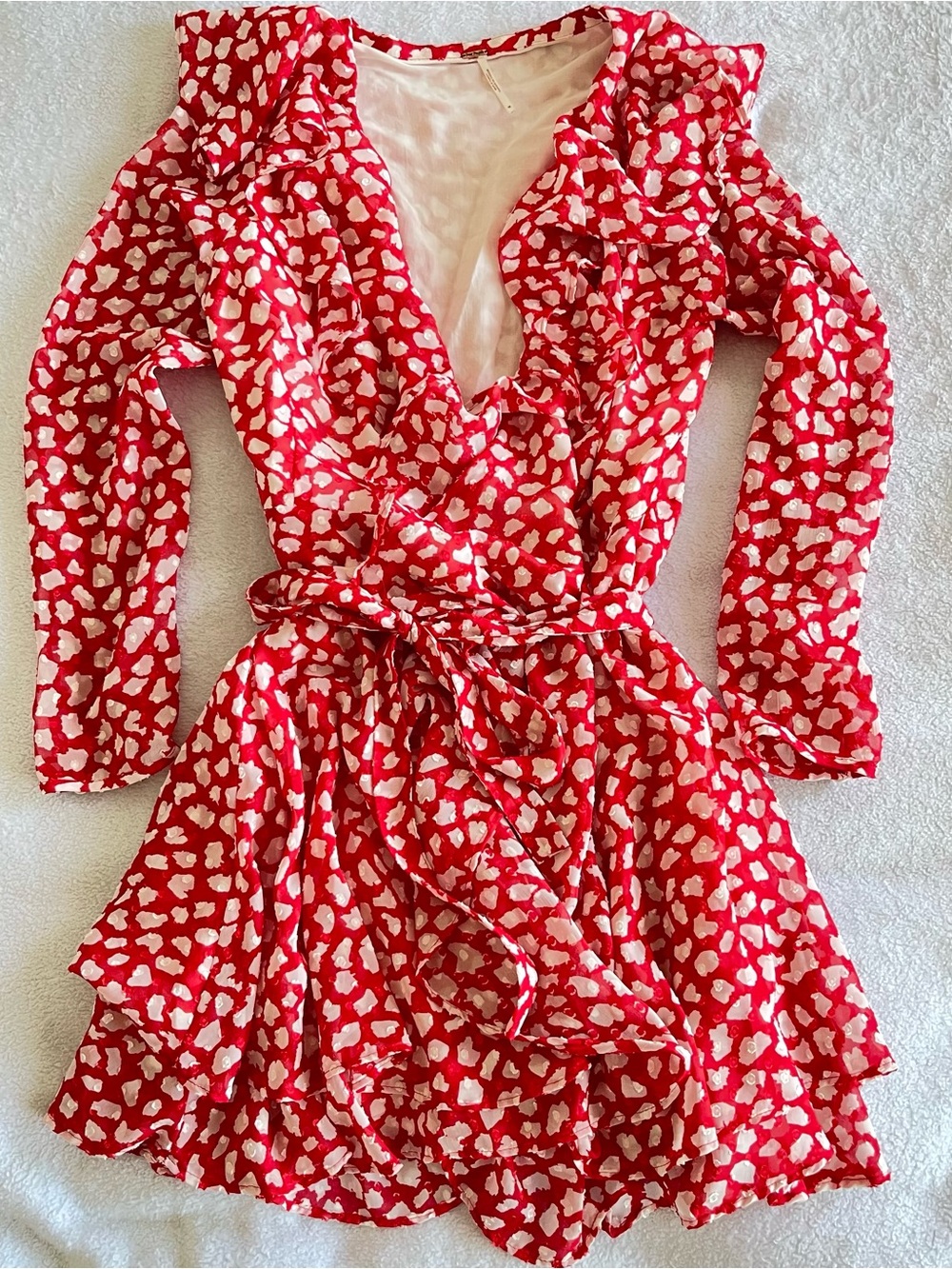Free People Red and White Ruffle Wrap Dress with Tie Waist